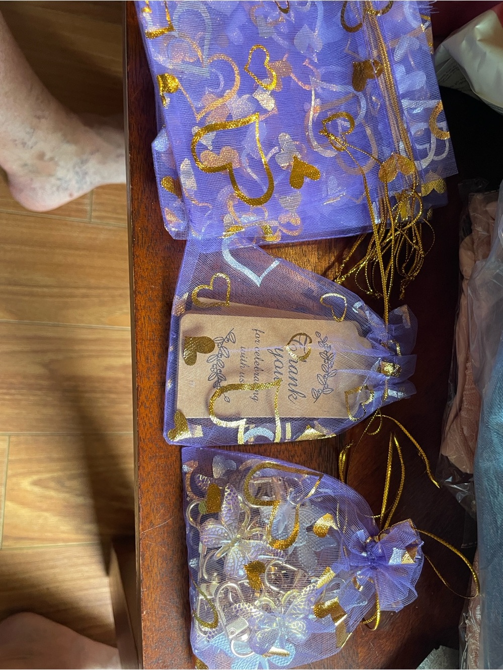 Purple Organza Favor Bags with Gold Heart Print - Party Supplies